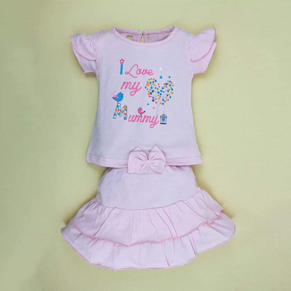 Infant Toddler Girls Short Sleeves Pink Tulle Skirts Set Outfit T-shirts Cute Print (Pink)