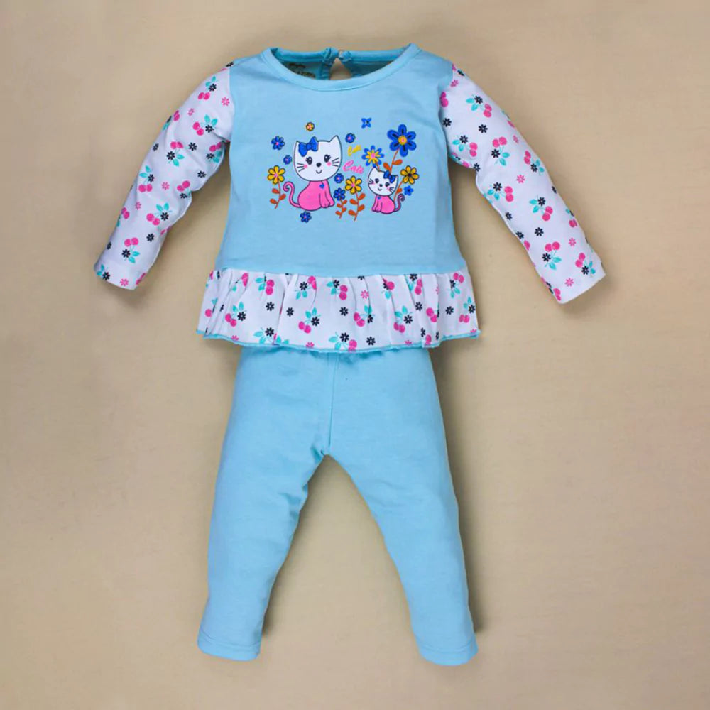 Baby Girl Outfits Infant Light Blue Full Sleeve Round Neck Animal Printed Cotton Top & Bottom Set Dress Pyjama Casual Dress