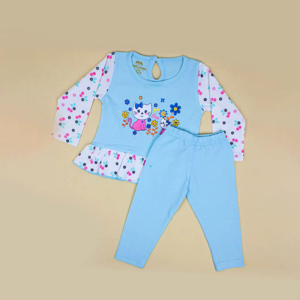 Baby Girl Outfits Infant Light Blue Full Sleeve Round Neck Animal Printed Cotton Top & Bottom Set Dress Pyjama Casual Dress