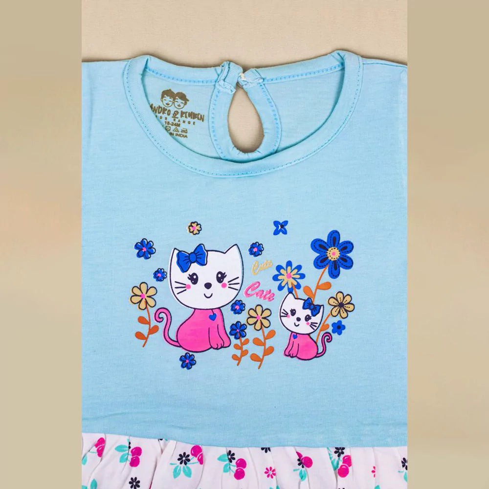 Baby Girl Outfits Infant Light Blue Full Sleeve Round Neck Animal Printed Cotton Top & Bottom Set Dress Pyjama Casual Dress