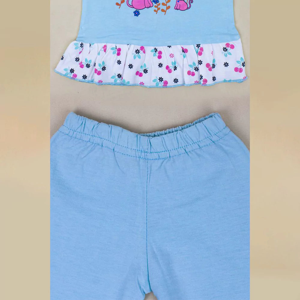 Baby Girl Outfits Infant Light Blue Full Sleeve Round Neck Animal Printed Cotton Top & Bottom Set Dress Pyjama Casual Dress