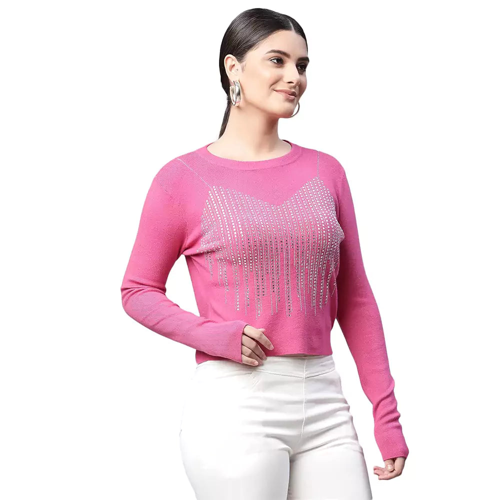 Women Round Neck Cropped Slim Fit Knitted Pullover