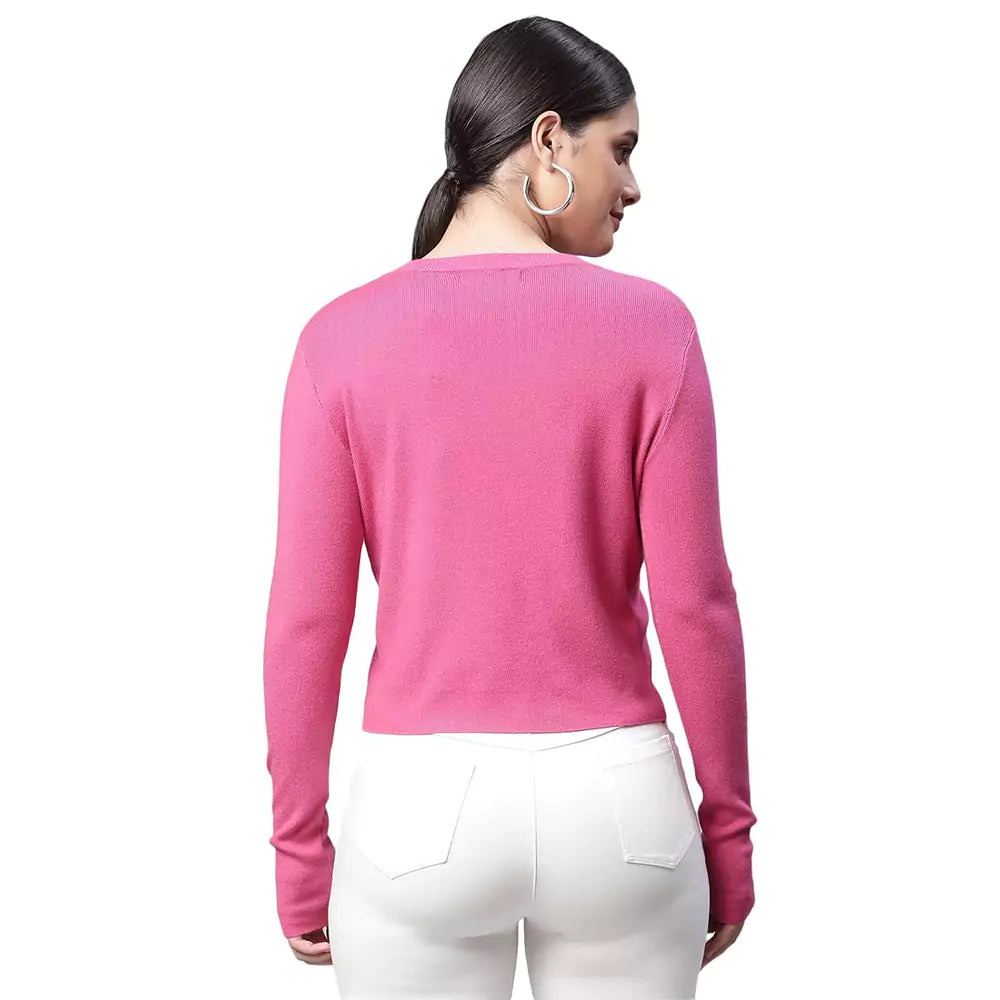 Women Round Neck Cropped Slim Fit Knitted Pullover