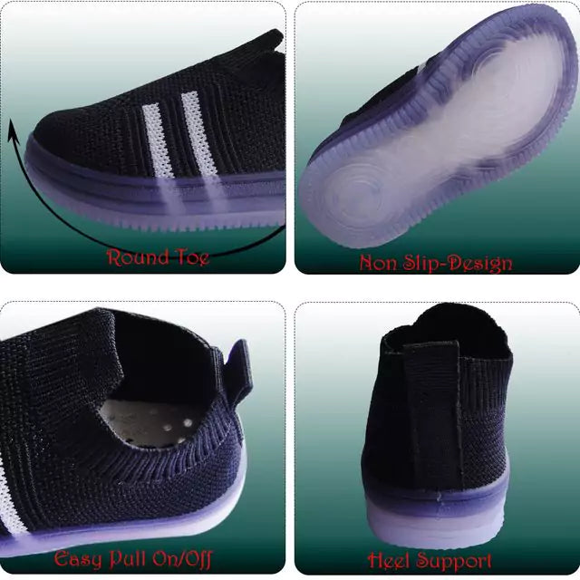 Kids Light Up Pull On Shoes Toddler Girls Boys Breathable Led Flashing Sneakers Running Shoes (Black/White)