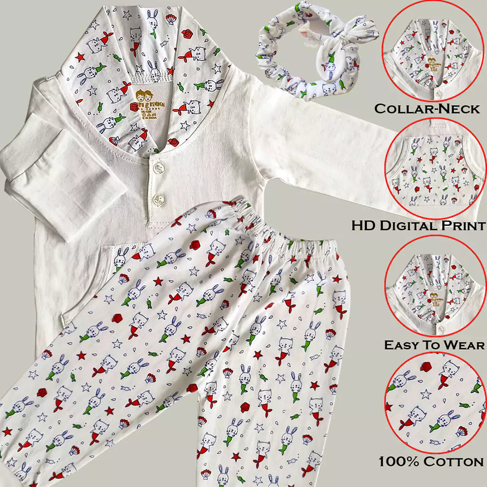 Baby Boy and Baby Girl's Fabulous Collection of Printed Full Sleeves Soft Cotton Vests,Jhabla T-Shirt with Pyjama Pants Dress for Kids Infant Toddler Set