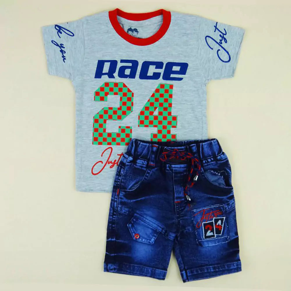 Cotton Soft Round Neck Half Sleeve T-Shirt with Jeans Pant Clothing Set for Kids