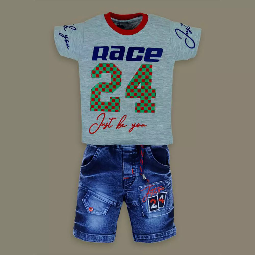 Cotton Soft Round Neck Half Sleeve T-Shirt with Jeans Pant Clothing Set for Kids