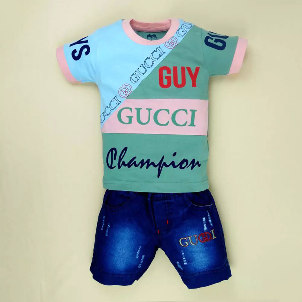 Cotton Soft Round Neck Half Sleeve T-Shirt with Jeans Pant Clothing Set for Kids (multicolor)