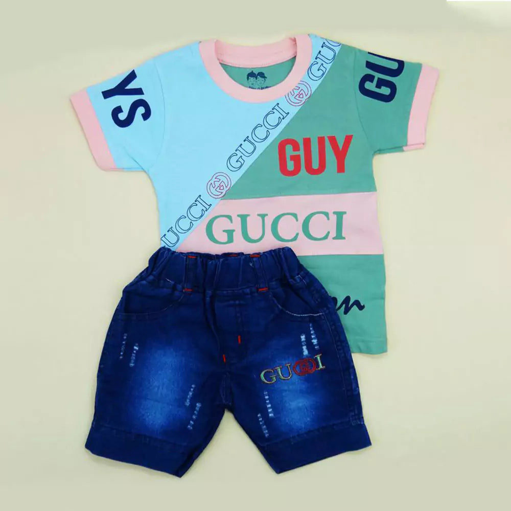 Cotton Soft Round Neck Half Sleeve T-Shirt with Jeans Pant Clothing Set for Kids (multicolor)