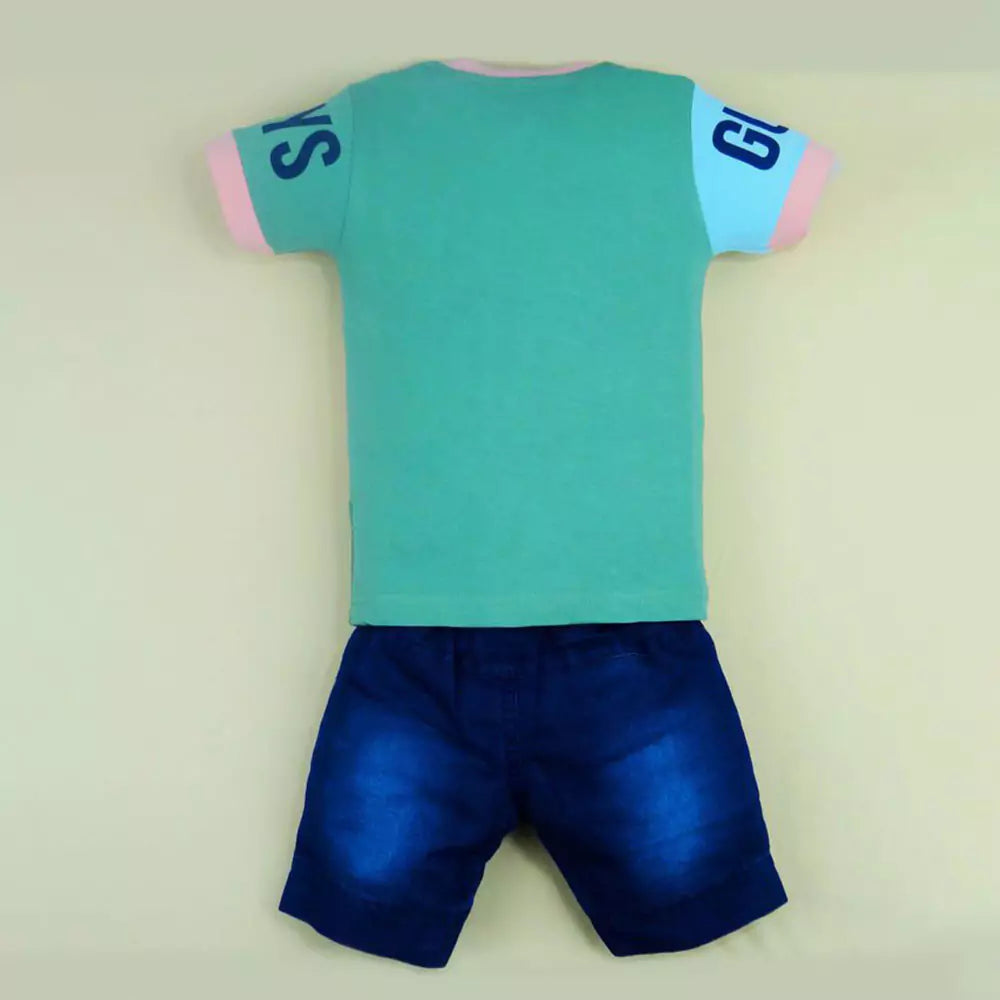 Cotton Soft Round Neck Half Sleeve T-Shirt with Jeans Pant Clothing Set for Kids (multicolor)