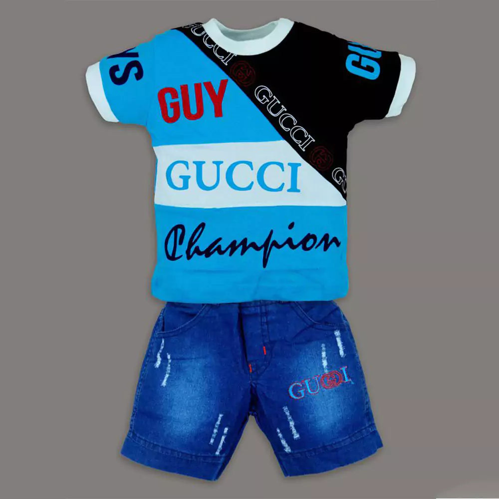 Cotton Soft Round Neck Half Sleeve T-Shirt with Jeans Pant Clothing Set for Kids black & blue