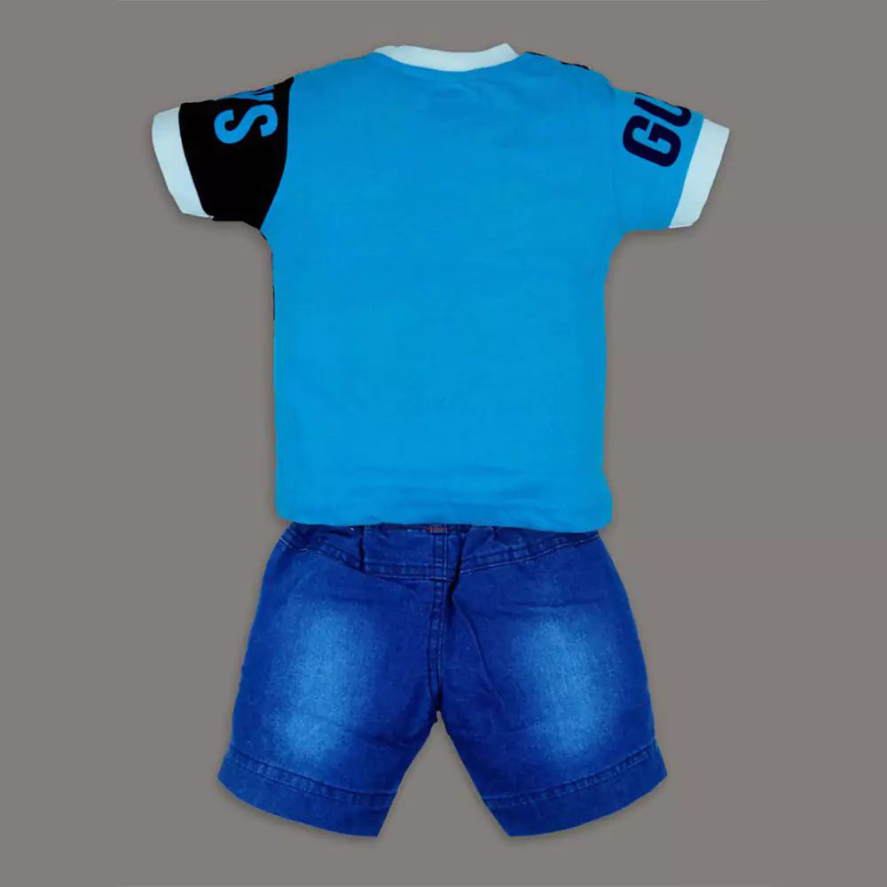 Cotton Soft Round Neck Half Sleeve T-Shirt with Jeans Pant Clothing Set for Kids black & blue