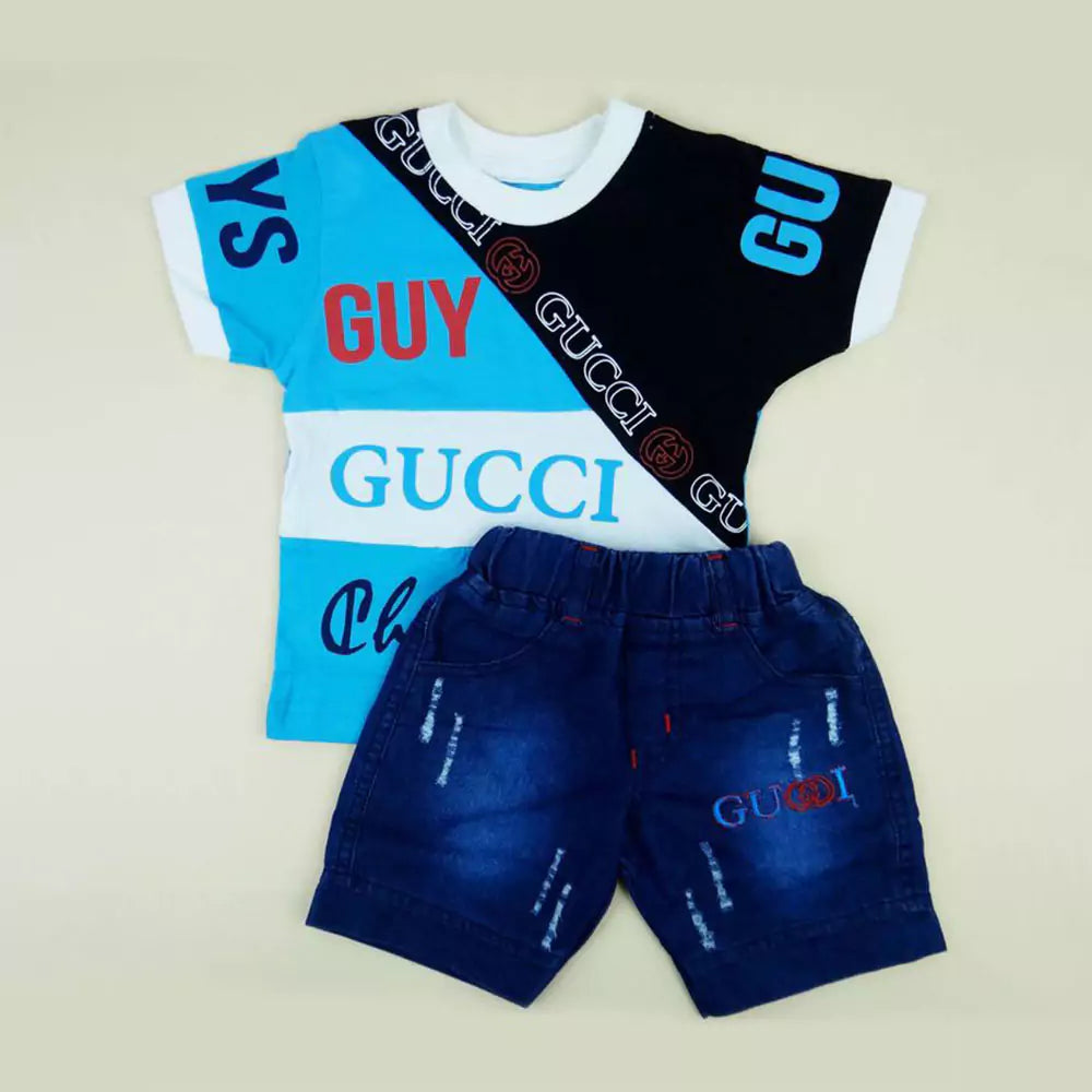 Cotton Soft Round Neck Half Sleeve T-Shirt with Jeans Pant Clothing Set for Kids black & blue