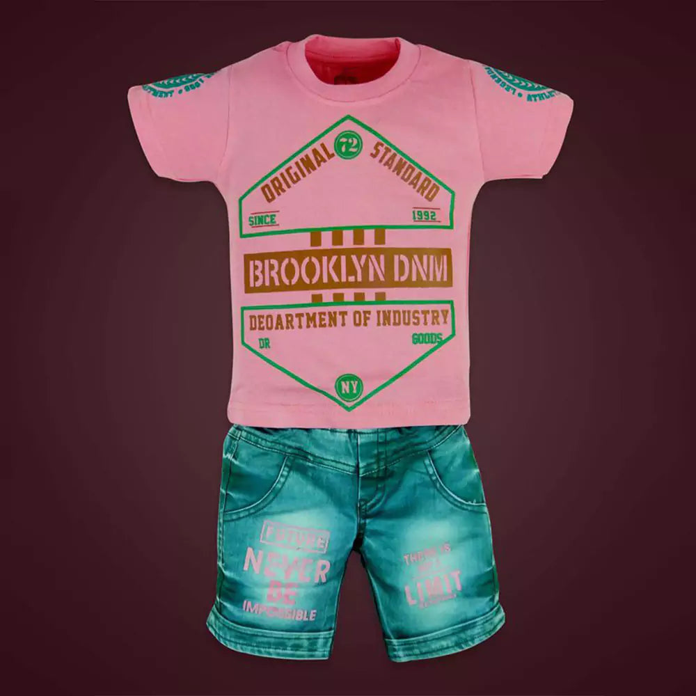 Soft Cotton Round Neck Half Sleeve Multi Colour T-Shirt with Half Denim Pant Clothing Set for Kids (Brown)