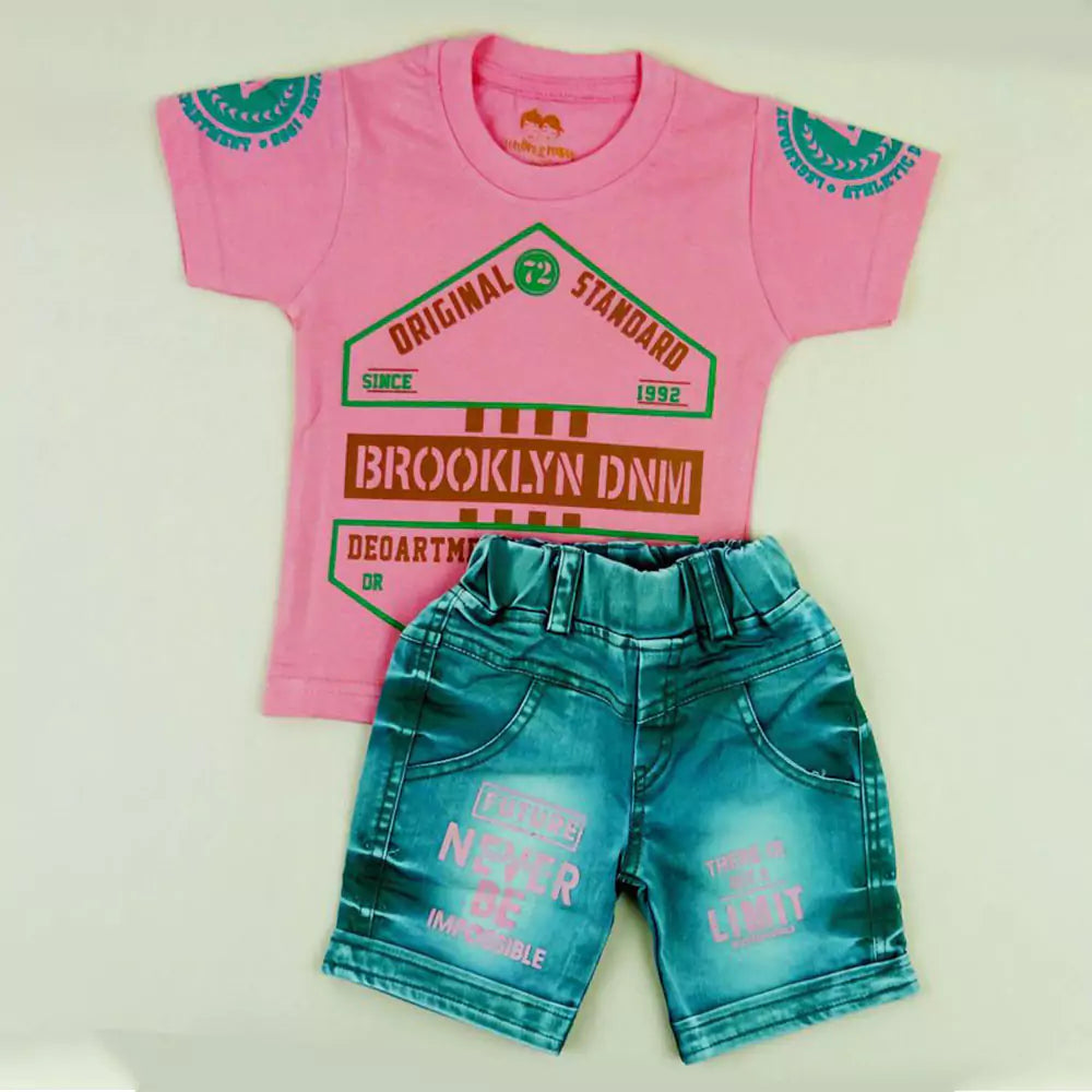 Soft Cotton Round Neck Half Sleeve Multi Colour T-Shirt with Half Denim Pant Clothing Set for Kids (Brown)