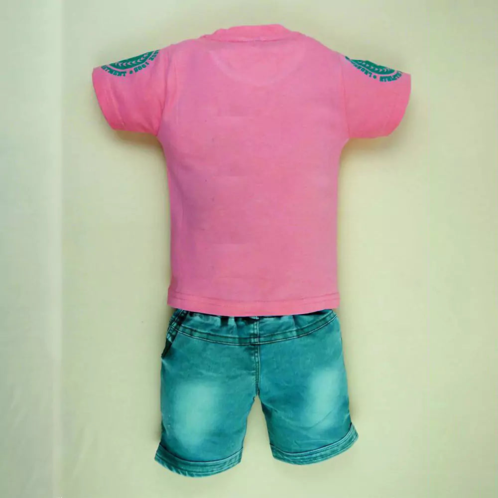 Soft Cotton Round Neck Half Sleeve Multi Colour T-Shirt with Half Denim Pant Clothing Set for Kids (Brown)