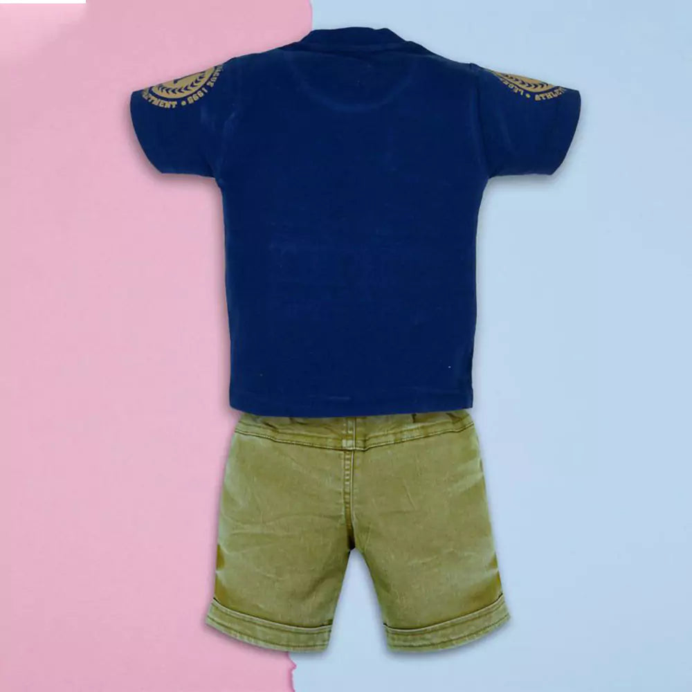 Soft Cotton Round Neck Half Sleeve Multi Colour T-Shirt with Half Denim Pant Clothing Set for Kids(Navy Blue )