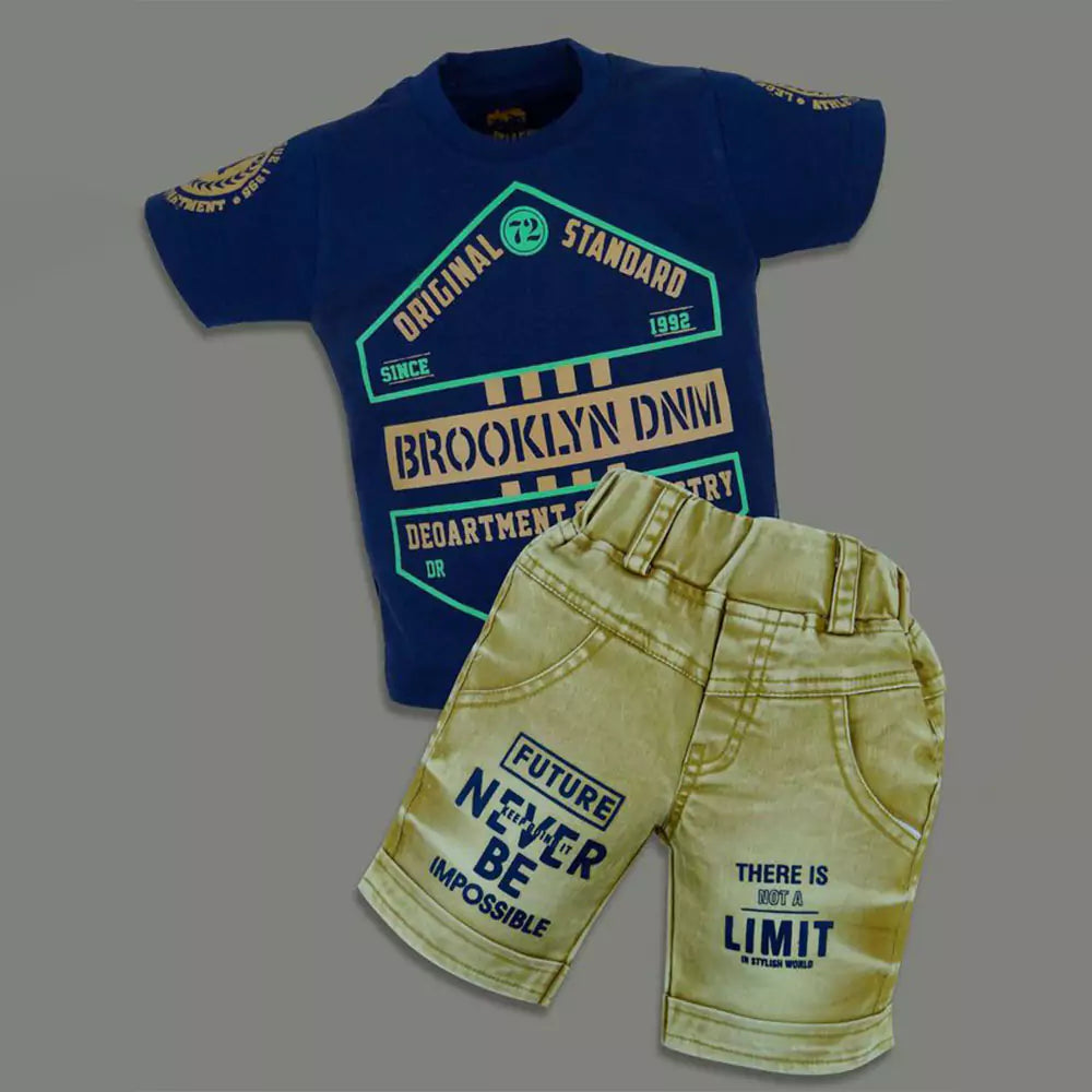 Soft Cotton Round Neck Half Sleeve Multi Colour T-Shirt with Half Denim Pant Clothing Set for Kids(Navy Blue )