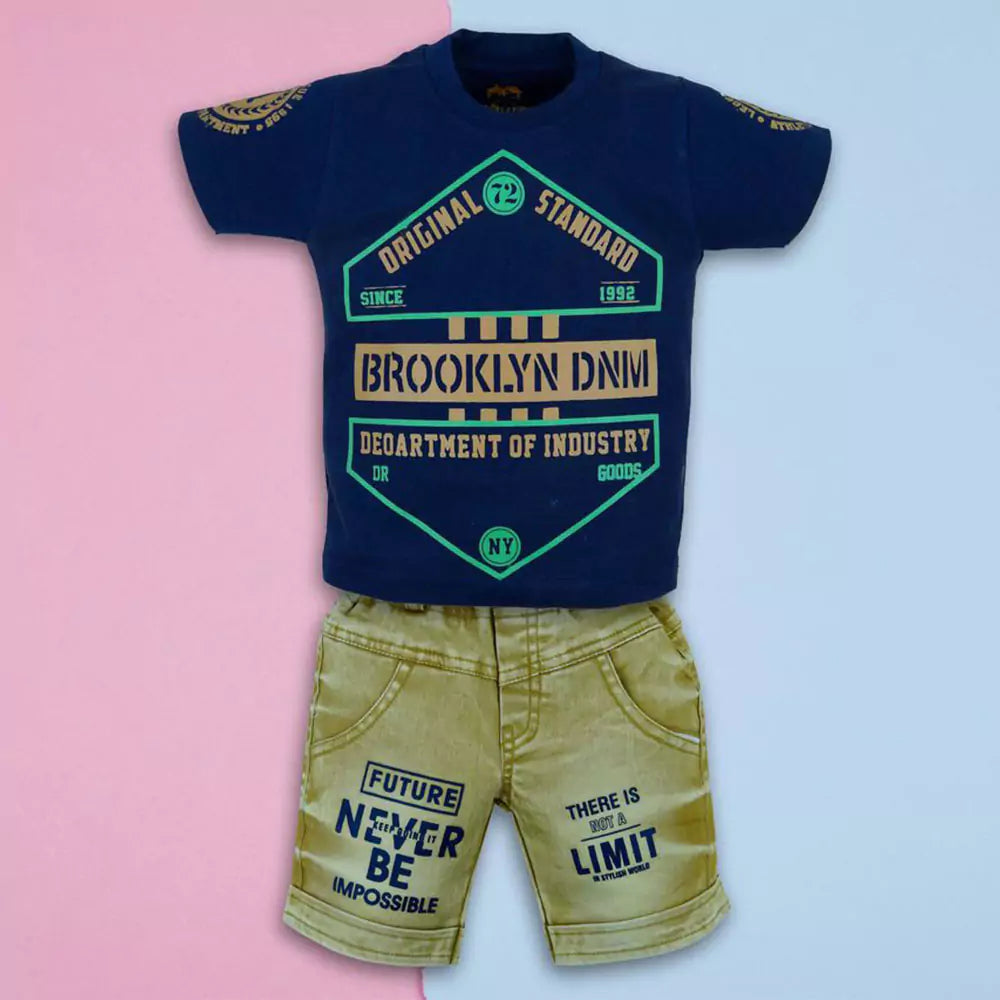 Soft Cotton Round Neck Half Sleeve Multi Colour T-Shirt with Half Denim Pant Clothing Set for Kids(Navy Blue )