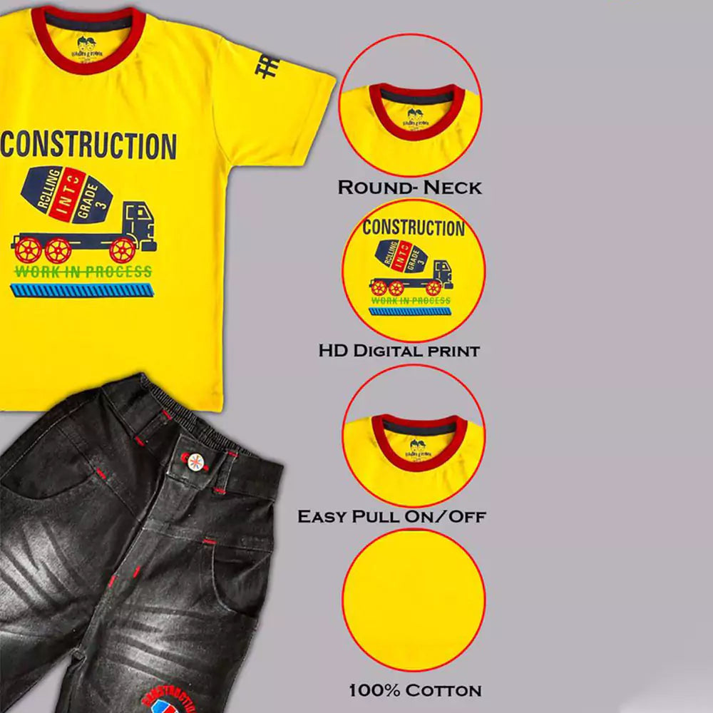 Soft Cotton Round Neck Half Sleeve Multi Colour T-Shirt with Half Denim Pant Clothing Set for Kids(Yellow )
