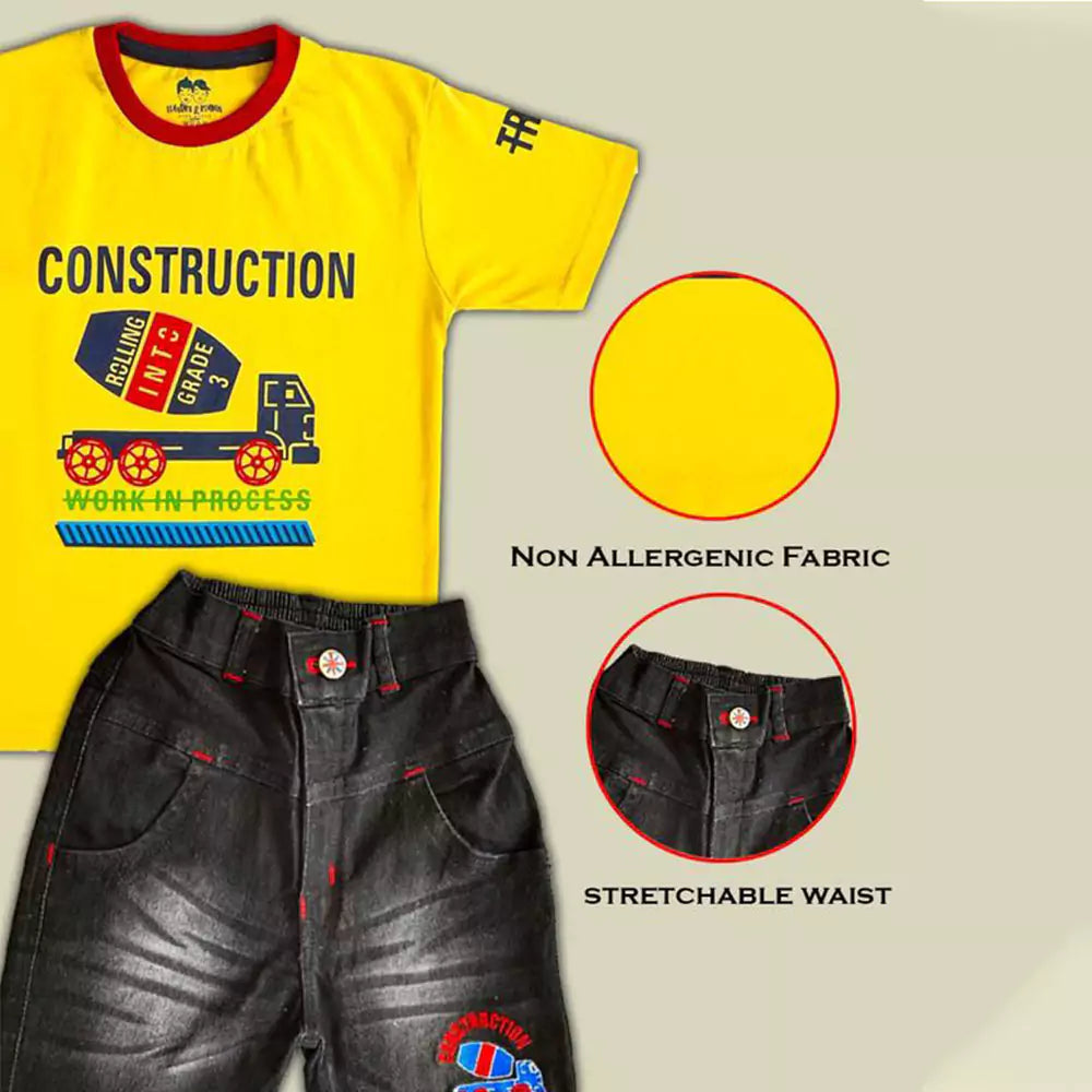 Soft Cotton Round Neck Half Sleeve Multi Colour T-Shirt with Half Denim Pant Clothing Set for Kids(Yellow )