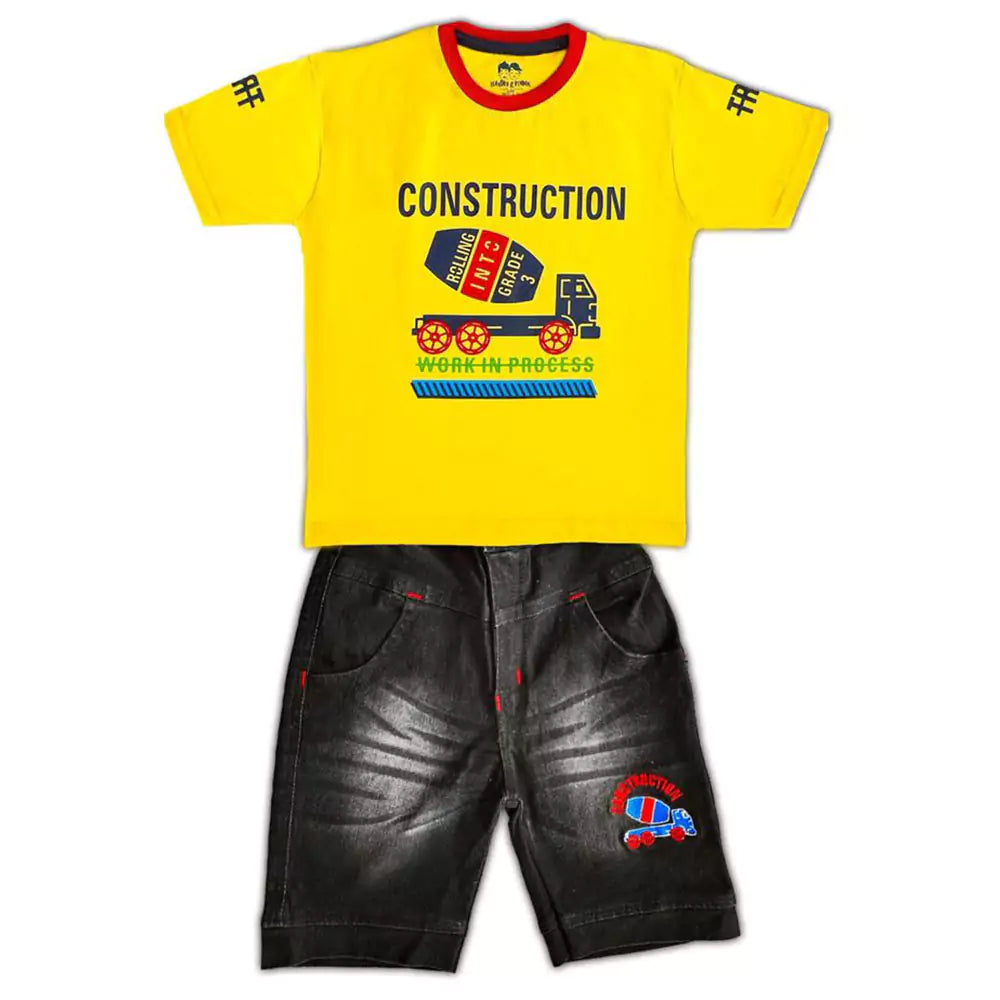 Soft Cotton Round Neck Half Sleeve Multi Colour T-Shirt with Half Denim Pant Clothing Set for Kids(Yellow )