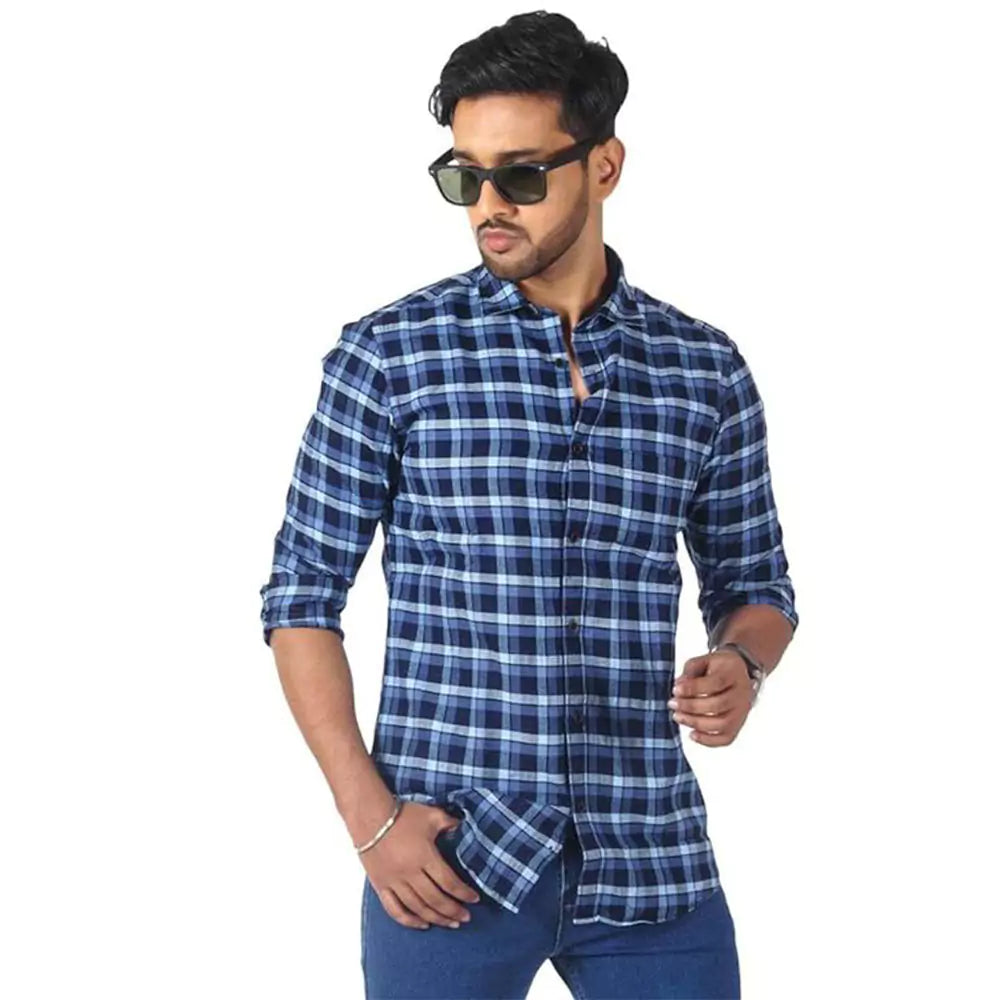 Men's Cotton Checkered Button Down Slim Fit Casual Shirt (blue)