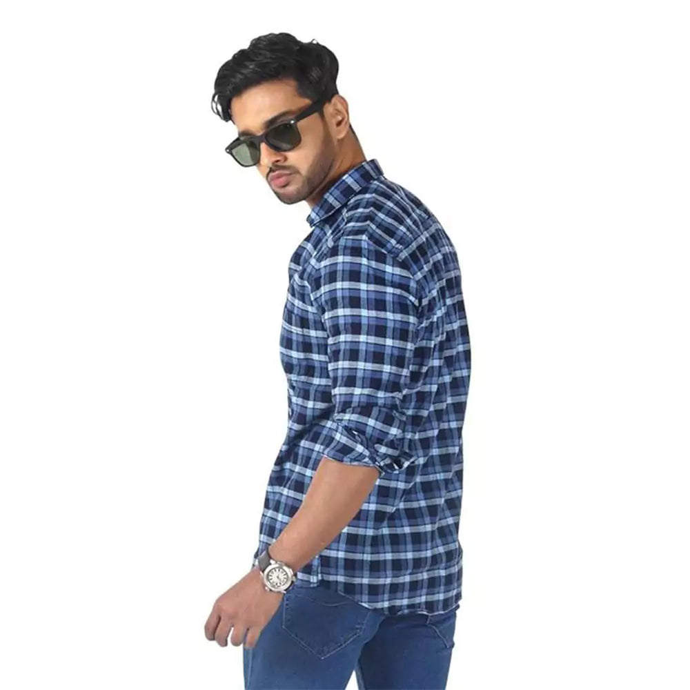 Men's Cotton Checkered Button Down Slim Fit Casual Shirt (blue)
