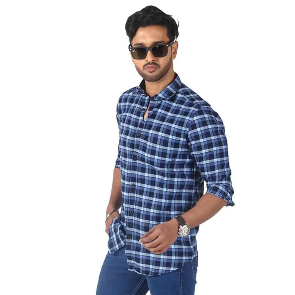 Men's Cotton Checkered Button Down Slim Fit Casual Shirt (blue)