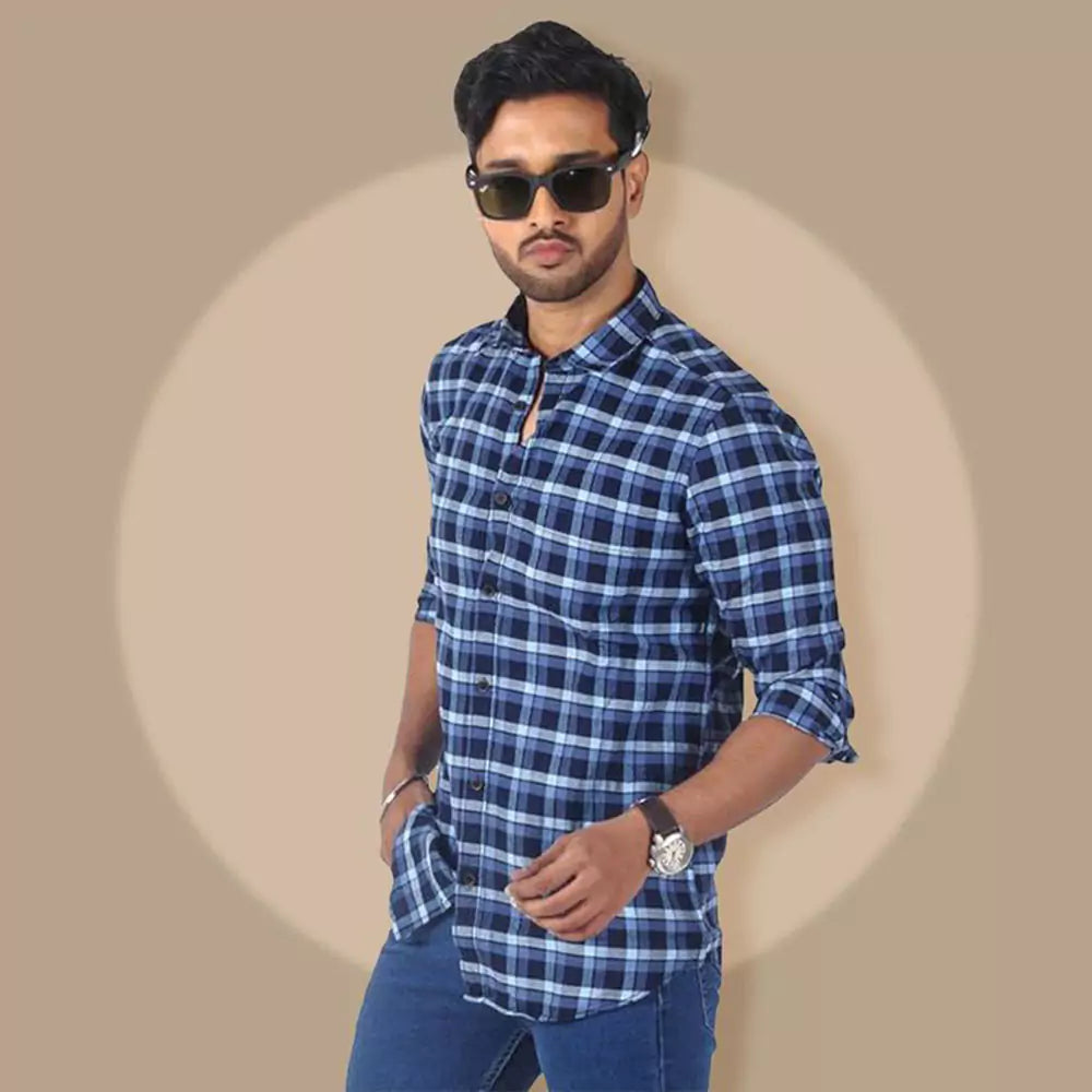 Men's Cotton Checkered Button Down Slim Fit Casual Shirt (blue)