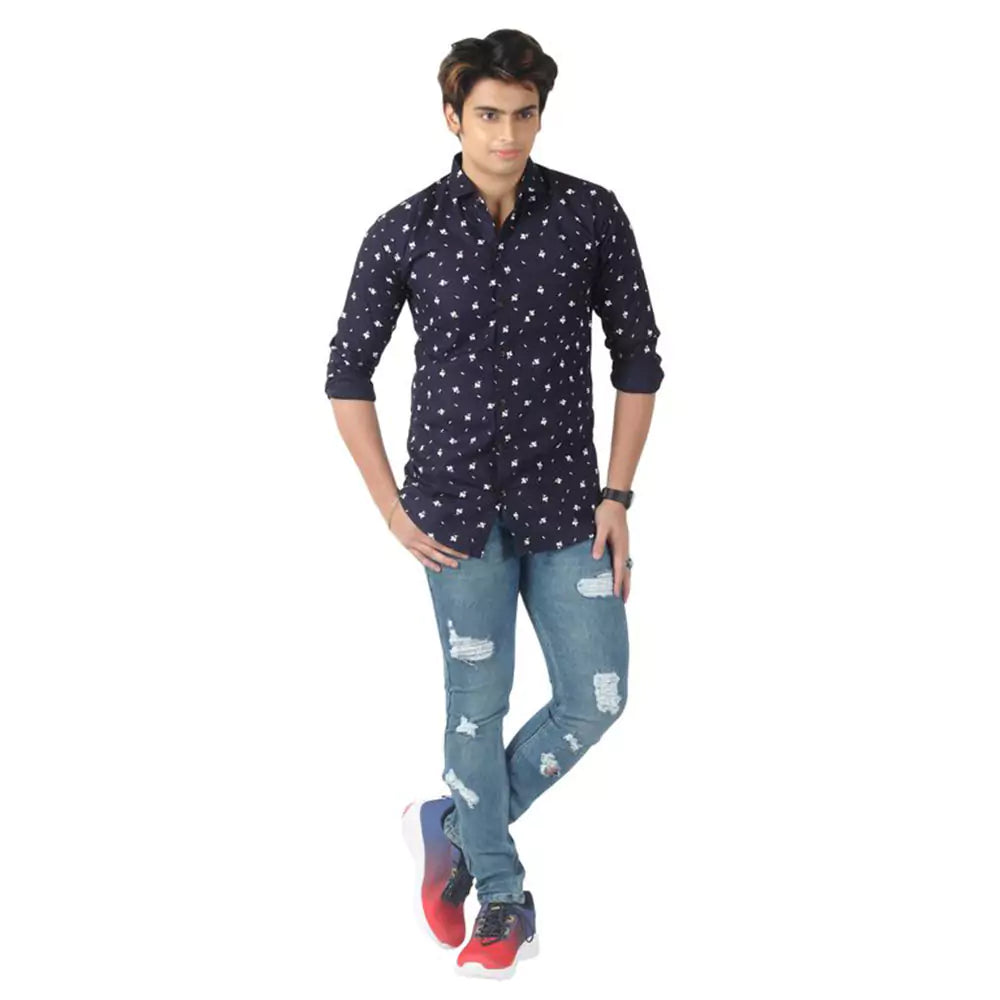 Men's Full Sleeve Wrinkle Free Floral Print Shirt(Deep Blue)