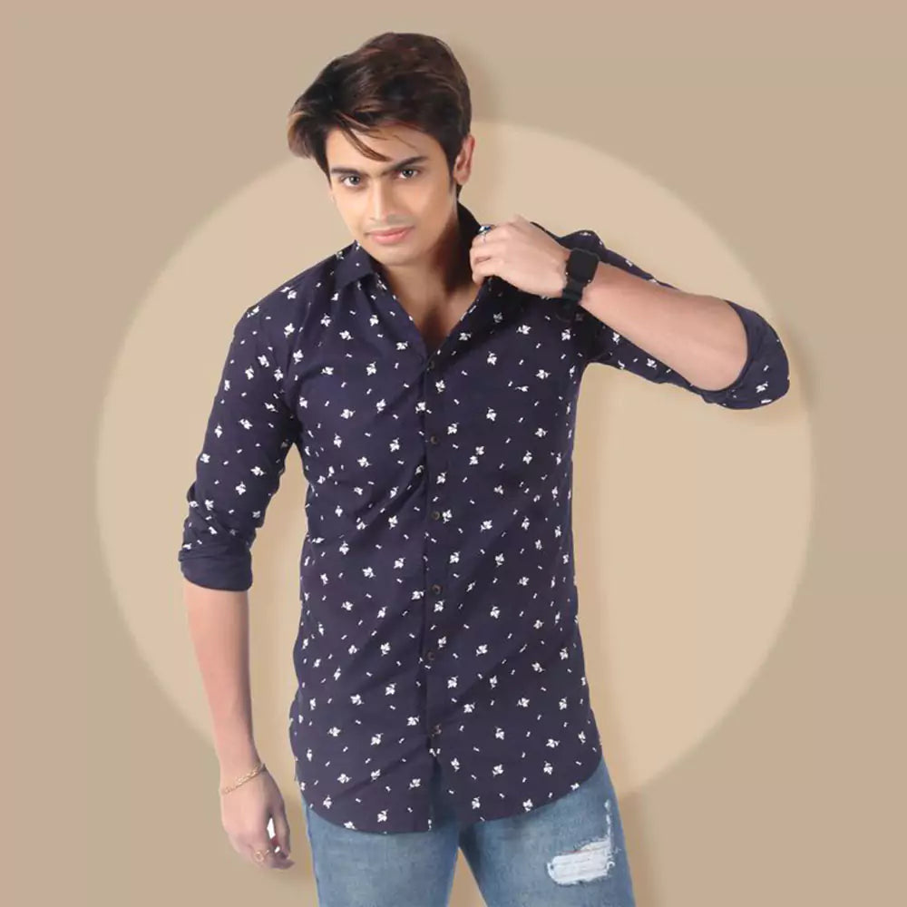Men's Full Sleeve Wrinkle Free Floral Print Shirt(Deep Blue)