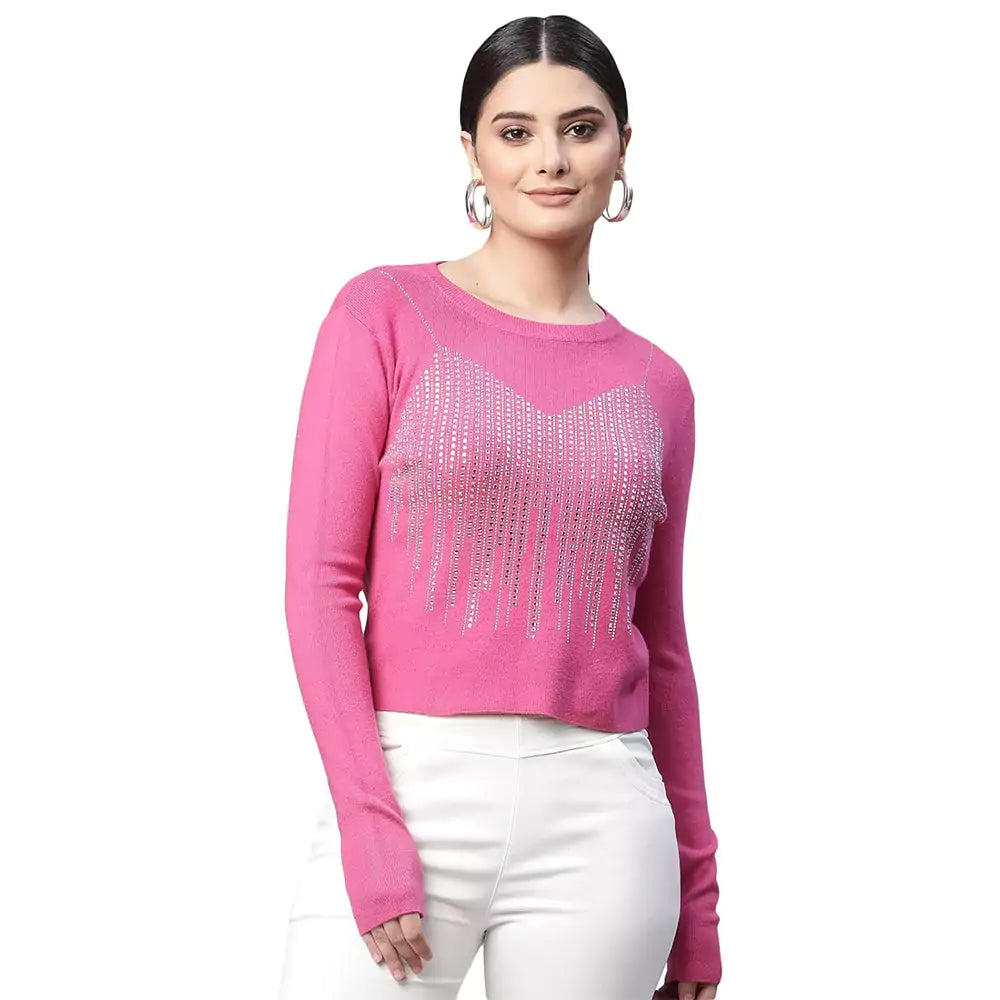 Women Round Neck Cropped Slim Fit Knitted Pullover