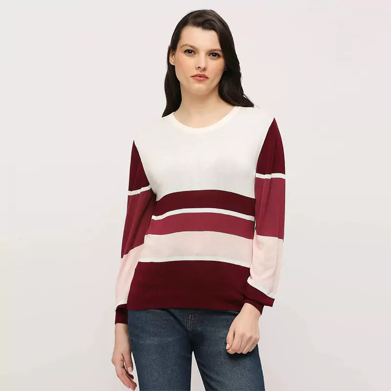 Burgundy Striped Pullover Full Sleeves Knit Top Sweater