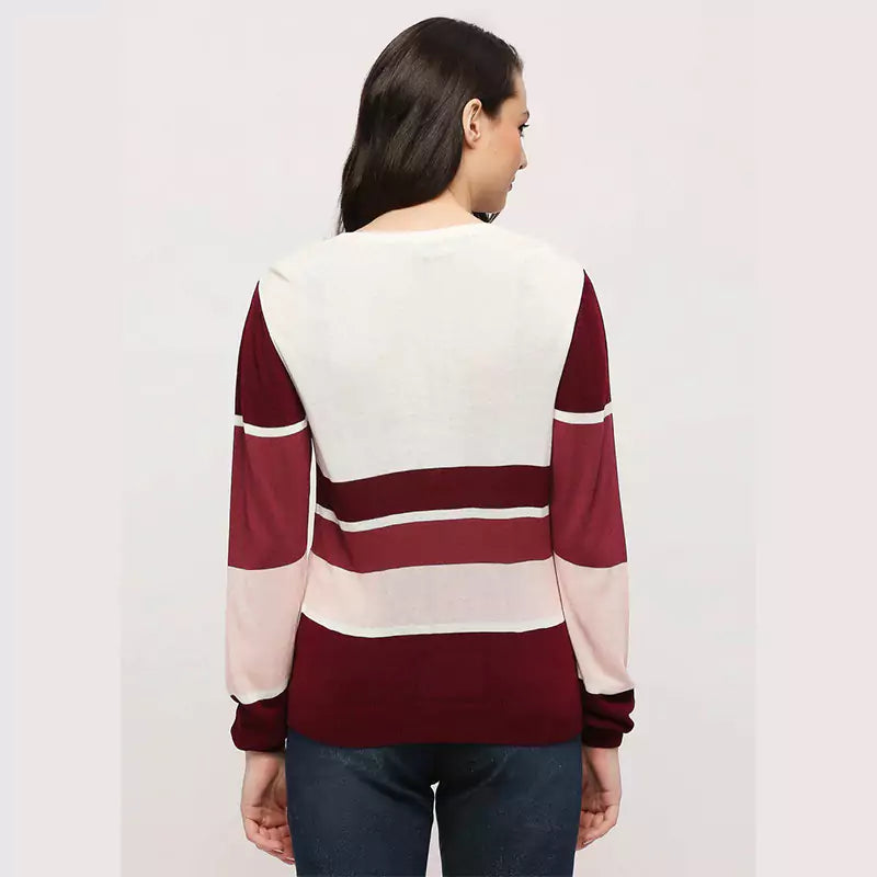 Burgundy Striped Pullover Full Sleeves Knit Top Sweater