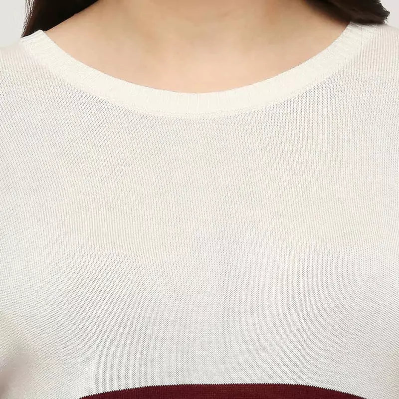 Burgundy Striped Pullover Full Sleeves Knit Top Sweater