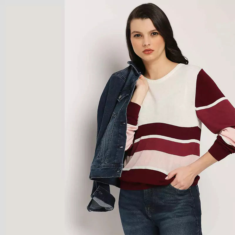 Burgundy Striped Pullover Full Sleeves Knit Top Sweater