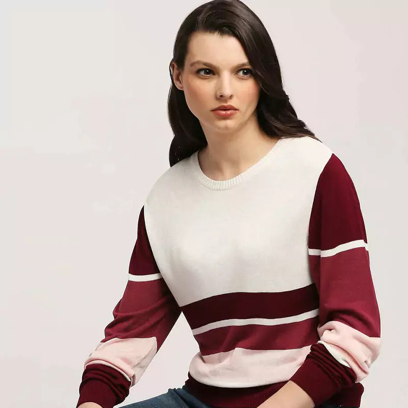 Burgundy Striped Pullover Full Sleeves Knit Top Sweater