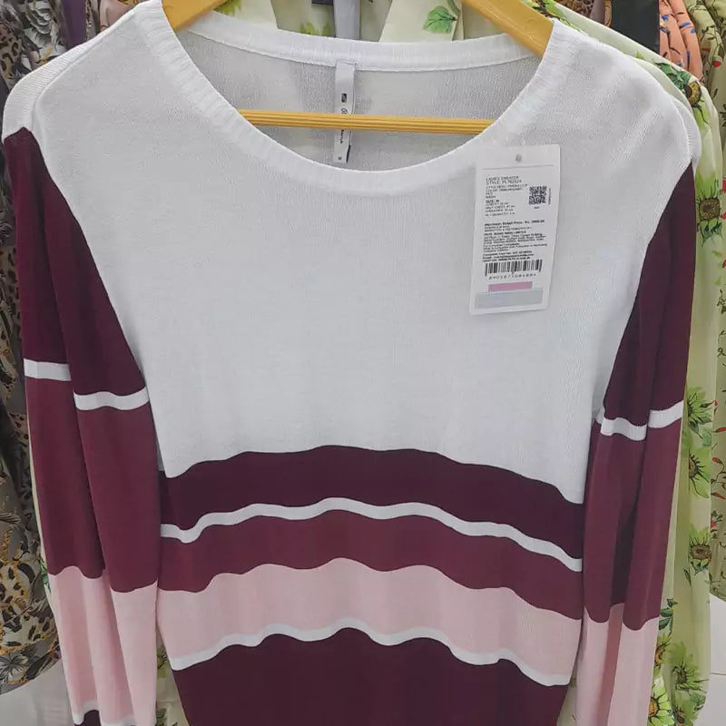 Burgundy Striped Pullover Full Sleeves Knit Top Sweater