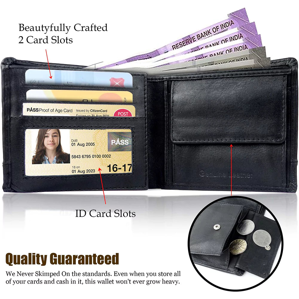 Wallet for Men-Genuine Slim Leather RFID Blocking Bifold Stylish Wallet With 2 ID Window Money Clip Wallet with ID Window Gift Box