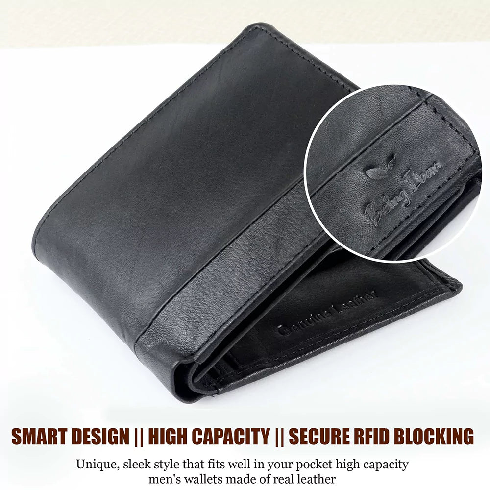 Wallet for Men-Genuine Slim Leather RFID Blocking Bifold Stylish Wallet With 2 ID Window Money Clip Wallet with ID Window Gift Box