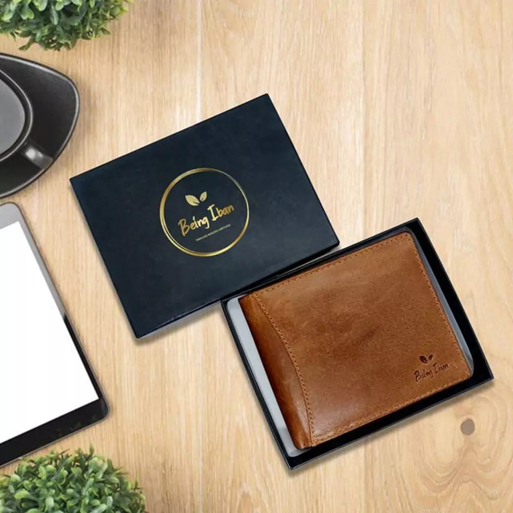 Wallet for Men-Genuine Slim Leather RFID Blocking Bifold Stylish Wallet With 2 ID Window Money Clip Wallet with ID Window Gift Box