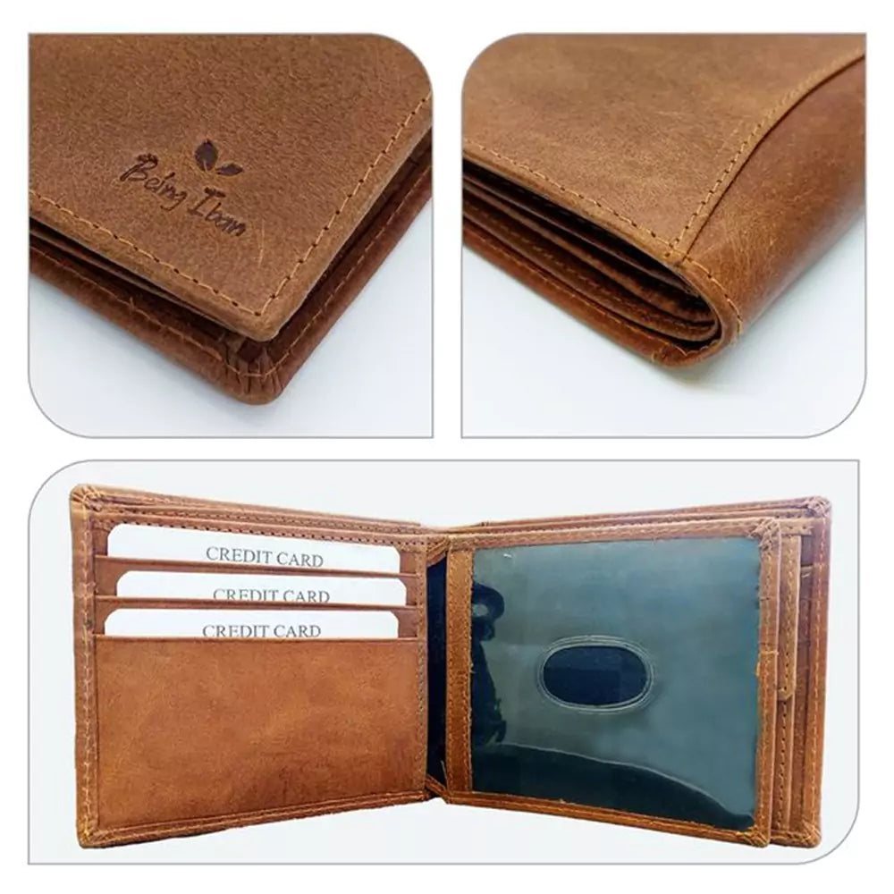 Wallet for Men-Genuine Slim Leather RFID Blocking Bifold Stylish Wallet With 2 ID Window Money Clip Wallet with ID Window Gift Box