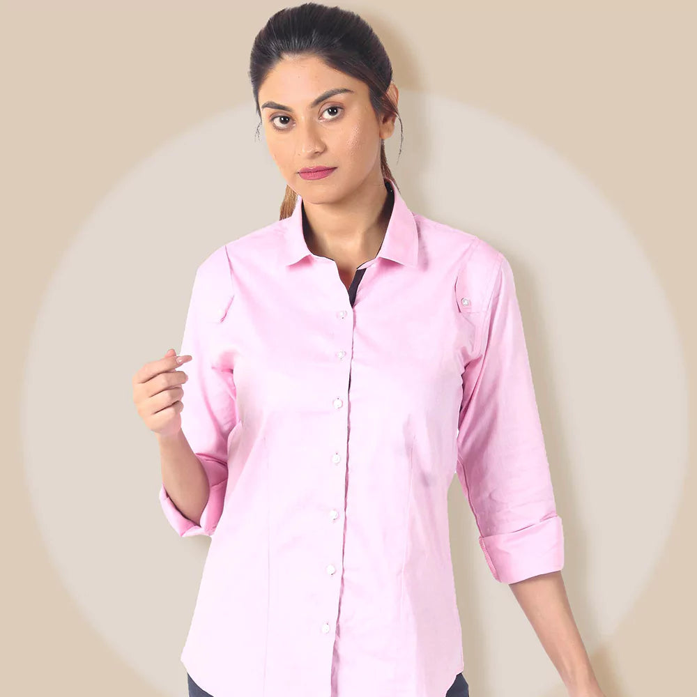 Women's Basic Button Down Shirts Full Sleeve Stretch Button Up Dress Shirt Slim Fit Waitress Work Shirts (Pink)