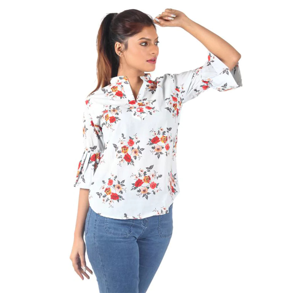 Women Summer Casual Split 3/4 Sleeve V Neck Button Casual Floral Print Tunic Tops Basic Tee Shirts for Leggings