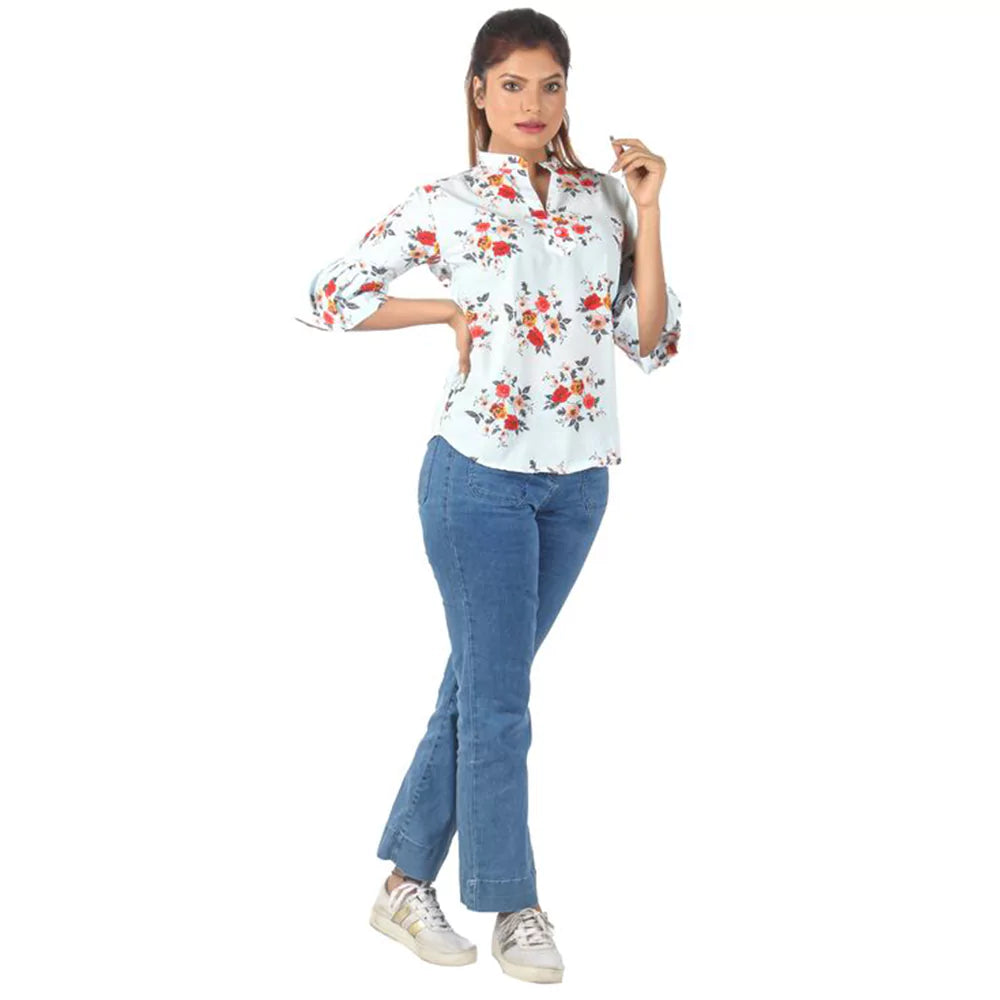 Women Summer Casual Split 3/4 Sleeve V Neck Button Casual Floral Print Tunic Tops Basic Tee Shirts for Leggings