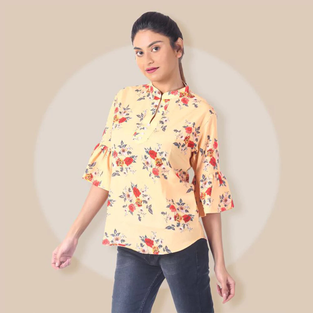 Women Summer Casual Split 3/4 Sleeve V Neck Button Casual Floral Print Tunic Tops Basic Tee Shirts for Leggings