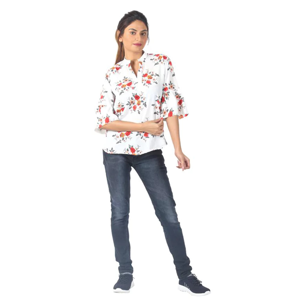 Women Summer Casual Split 3/4 Sleeve V Neck Button Casual Floral Print Tunic Tops Basic Tee Shirts for Leggings