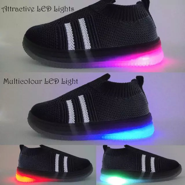 Kids Light Up Pull On Shoes Toddler Girls Boys Breathable Led Flashing Sneakers Running Shoes (Black/White)