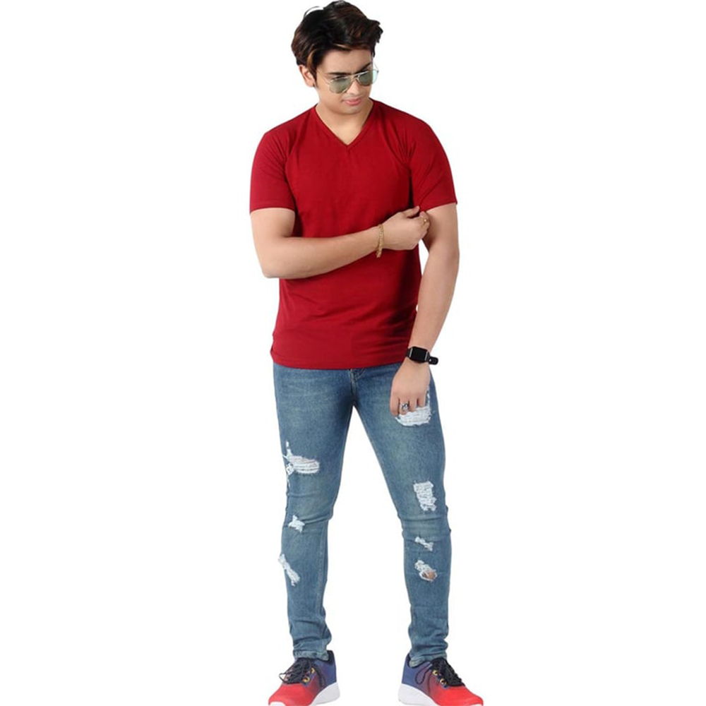 Men's Slim-Fit Eversoft Premium Cotton Short Sleeve V-Neck Tshirt,Breathable & Tag Free Solid Tees For Men_Maroon